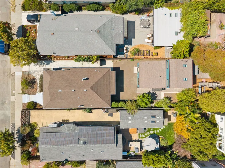 Aerial view of the lot with the ADU behind the main house