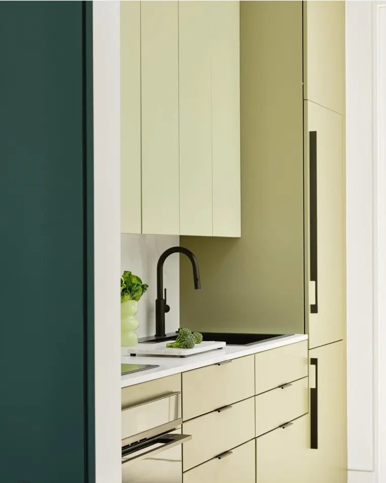 Sage-green cabinetry with a black faucet beside a deep green wall