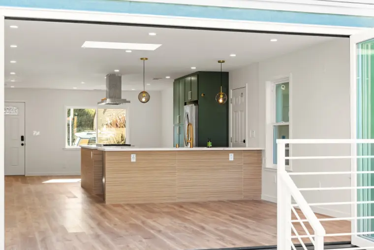 View from the deck through the open doors into the kitchen